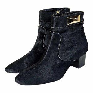 Oscar de la Renta Black Pony Hair Leather Ankle Boots Gold Accents Size 38